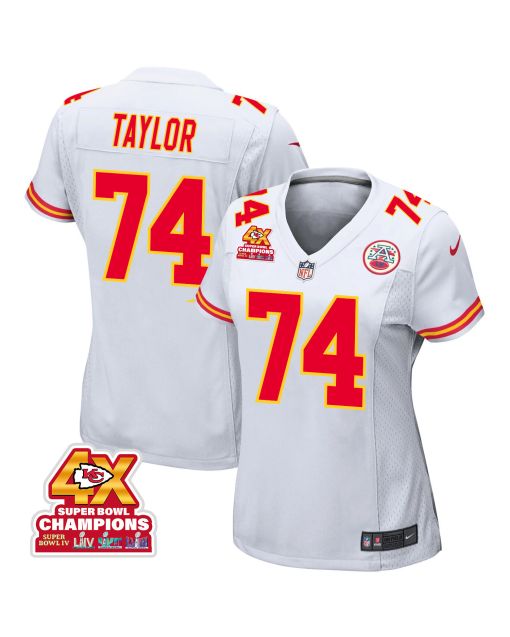 Jawaan Taylor 74 Kansas City Chiefs Super Bowl LVIII Champions 4X Game Women Jersey – White
