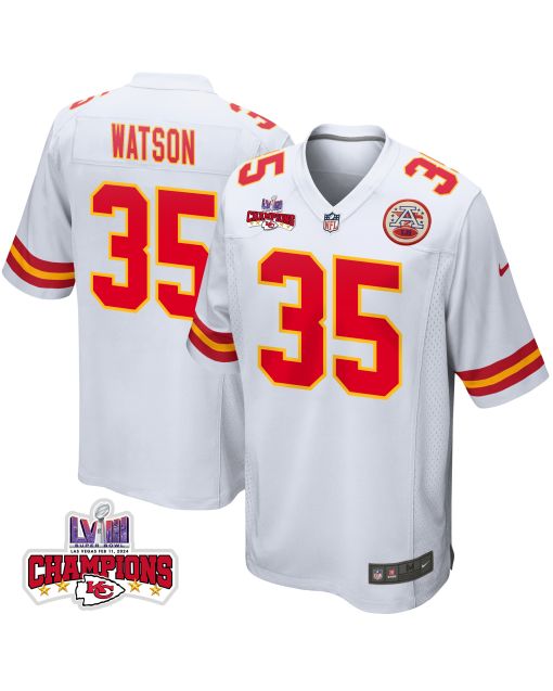 Jaylen Watson 35 Kansas City Chiefs Super Bowl LVIII Champions 4 Stars Patch Game Men Jersey – White