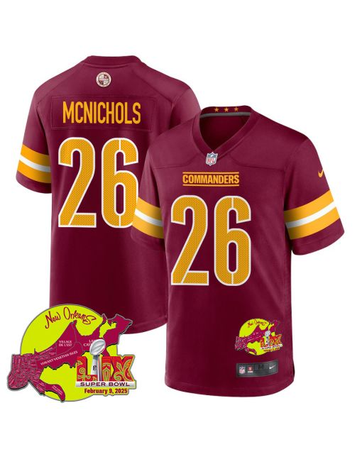 Jeremy McNichols 26 Washington Commanders Super Bowl LIX New Orleans Patch Game Men Jersey – Burgundy