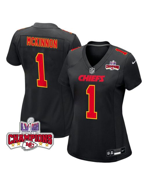 Jerick McKinnon 1 Kansas City Chiefs Super Bowl LVIII Champions 4 Stars Patch Fashion Game Women Jersey – Carbon Black