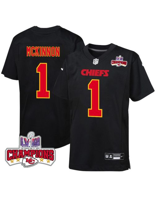 Jerick McKinnon 1 Kansas City Chiefs Super Bowl LVIII Champions 4 Stars Patch Fashion Game YOUTH Jersey – Carbon Black