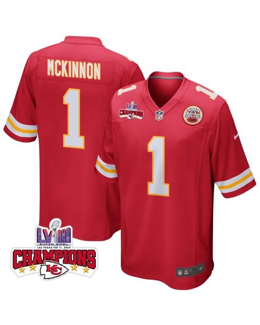 Jerick McKinnon 1 Kansas City Chiefs Super Bowl LVIII Champions 4 Stars Patch Game Men Jersey – Red