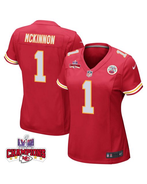 Jerick McKinnon 1 Kansas City Chiefs Super Bowl LVIII Champions 4 Stars Patch Game Women Jersey – Red