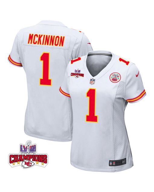 Jerick McKinnon 1 Kansas City Chiefs Super Bowl LVIII Champions 4 Stars Patch Game Women Jersey – White