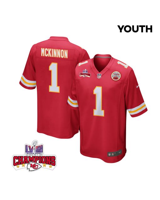 Jerick McKinnon 1 Kansas City Chiefs Super Bowl LVIII Champions 4 Stars Patch Game YOUTH Jersey – Red