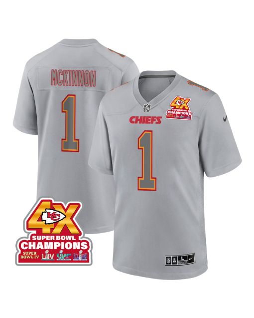 Jerick McKinnon 1 Kansas City Chiefs Super Bowl LVIII Champions 4X Atmosphere Fashion Game Men Jersey – Gray