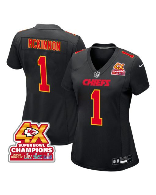 Jerick McKinnon 1 Kansas City Chiefs Super Bowl LVIII Champions 4X Fashion Game Women Jersey – Carbon Black