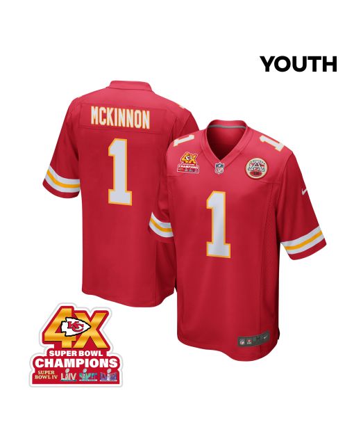 Jerick McKinnon 1 Kansas City Chiefs Super Bowl LVIII Champions 4X Game YOUTH Jersey – Red