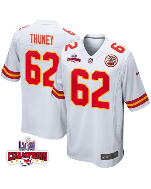 Joe Thuney 62 Kansas City Chiefs Super Bowl LVIII Champions 4 Stars Patch Game Men Jersey – White