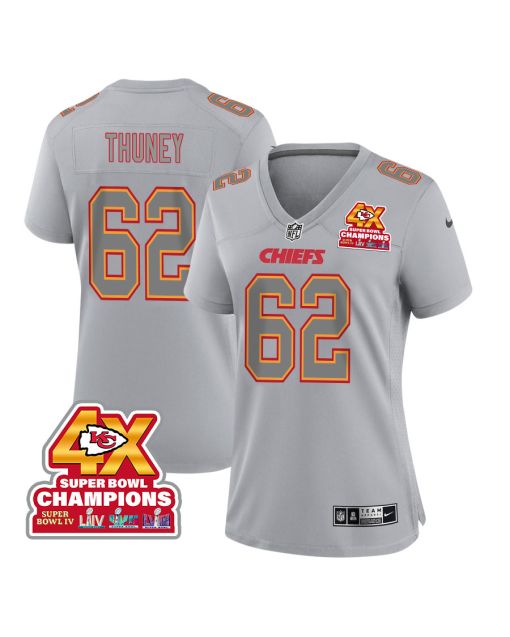Joe Thuney 62 Kansas City Chiefs Super Bowl LVIII Champions 4X Atmosphere Fashion Game Women Jersey – Gray