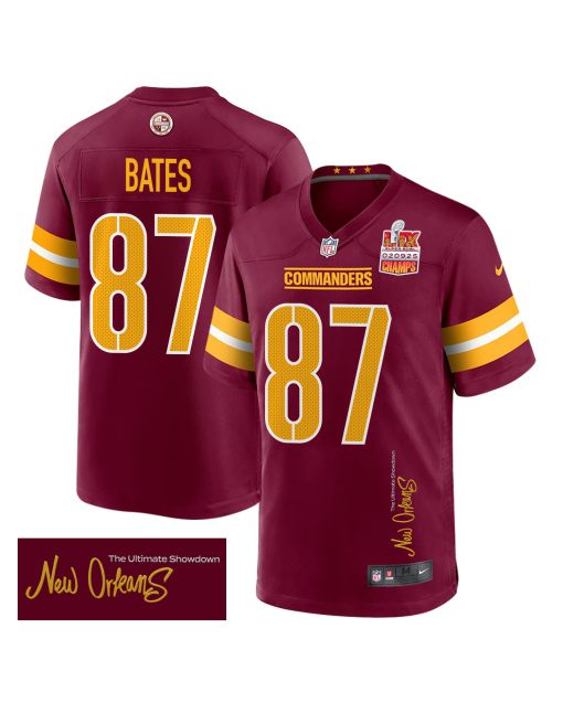 John Bates 87 Washington Commanders Super Bowl LIX Champions Patch ‘New Orleans – The Ultimate Showdown’ EMBROIDERED Game Men Jersey – Burgundy