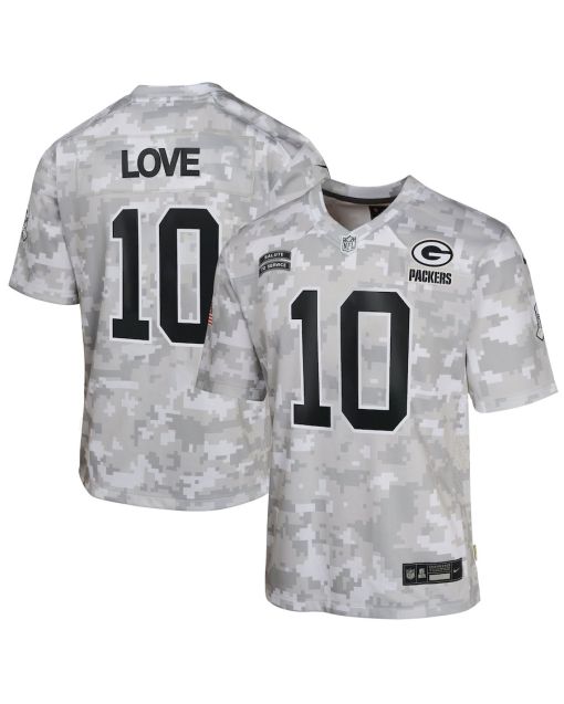 Jordan Love 10 Green Bay Packers 2024 Salute to Service Game YOUTH Jersey – Arctic Camo