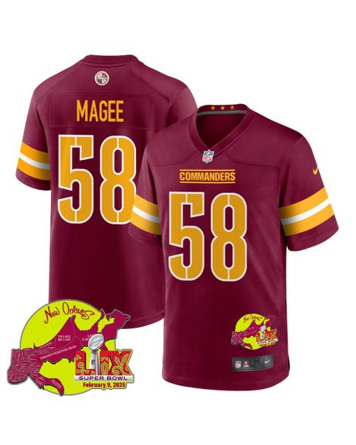 Jordan Magee 58 Washington Commanders Super Bowl LIX New Orleans Patch Game Men Jersey – Burgundy