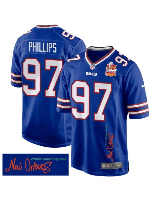 Jordan Phillips 97 Buffalo Bills Super Bowl LIX Champions Patch ‘New Orleans – Where Passion Ignites’ EMBROIDERED Game Men Jersey – Royal