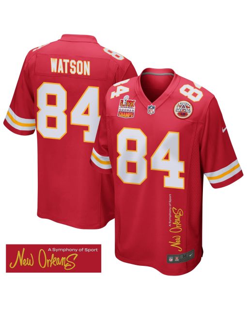 Justin Watson 84 Kansas City Chiefs Super Bowl LIX Champions Patch ‘New Orleans – A Symphony of Sport’ EMBROIDERED Game Men Jersey – Red