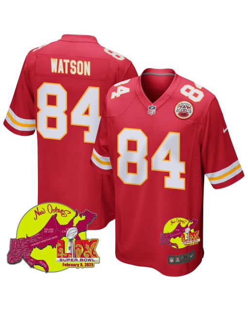 Justin Watson 84 Kansas City Chiefs Super Bowl LIX New Orleans Patch Game Men Jersey – Red