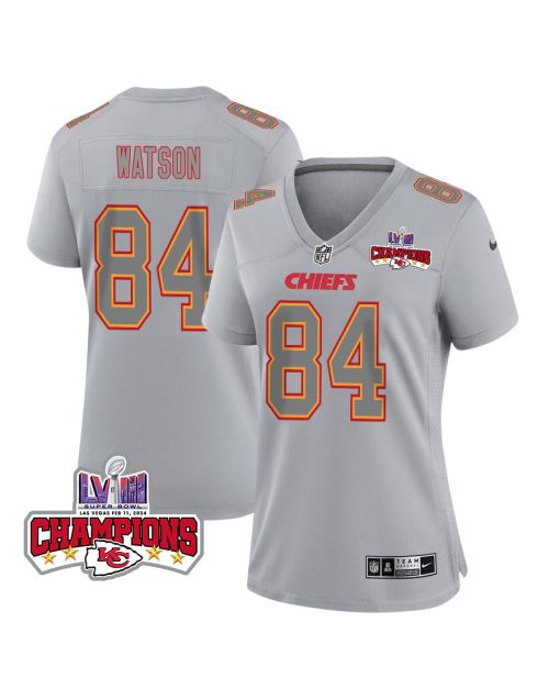 Justin Watson 84 Kansas City Chiefs Super Bowl LVIII Champions 4 Stars Patch Atmosphere Fashion Game Women Jersey – Gray