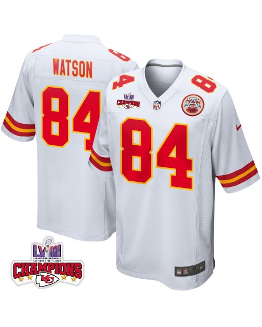 Justin Watson 84 Kansas City Chiefs Super Bowl LVIII Champions 4 Stars Patch Game Men Jersey – White