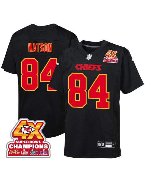 Justin Watson 84 Kansas City Chiefs Super Bowl LVIII Champions 4X Fashion Game YOUTH Jersey – Carbon Black