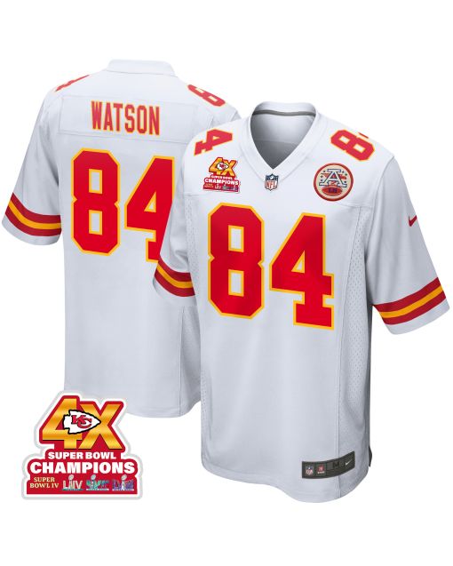 Justin Watson 84 Kansas City Chiefs Super Bowl LVIII Champions 4X Game Men Jersey – White