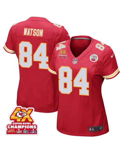 Justin Watson 84 Kansas City Chiefs Super Bowl LVIII Champions 4X Game Women Jersey – Red