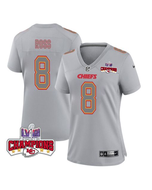 Justyn Ross 8 Kansas City Chiefs Super Bowl LVIII Champions 4 Stars Patch Atmosphere Fashion Game Women Jersey – Gray