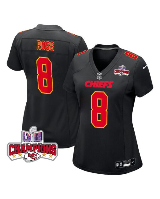 Justyn Ross 8 Kansas City Chiefs Super Bowl LVIII Champions 4 Stars Patch Fashion Game Women Jersey – Carbon Black