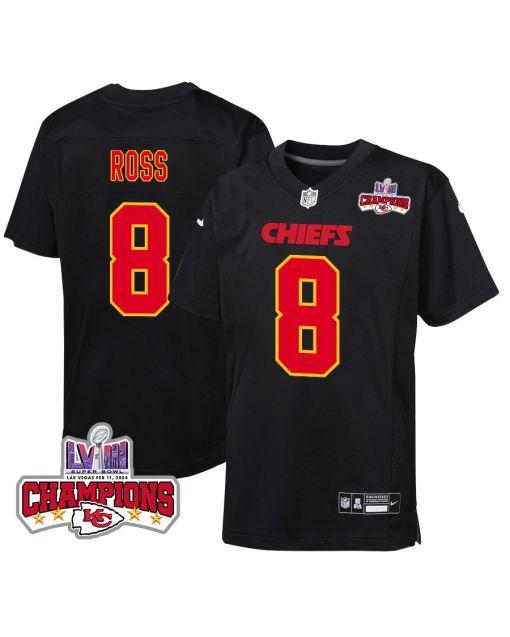 Justyn Ross 8 Kansas City Chiefs Super Bowl LVIII Champions 4 Stars Patch Fashion Game YOUTH Jersey – Carbon Black