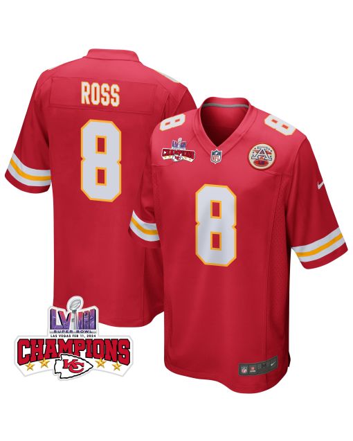 Justyn Ross 8 Kansas City Chiefs Super Bowl LVIII Champions 4 Stars Patch Game Men Jersey – Red