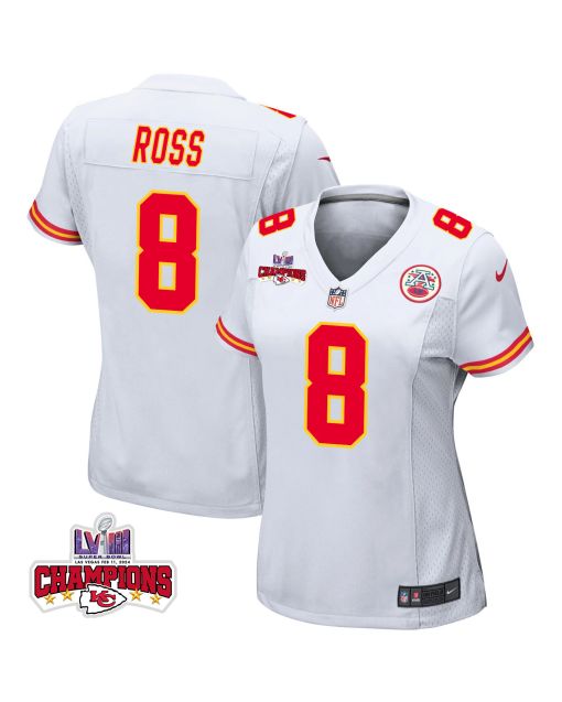 Justyn Ross 8 Kansas City Chiefs Super Bowl LVIII Champions 4 Stars Patch Game Women Jersey – White