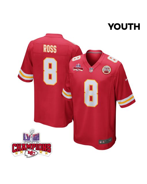 Justyn Ross 8 Kansas City Chiefs Super Bowl LVIII Champions 4 Stars Patch Game YOUTH Jersey – Red