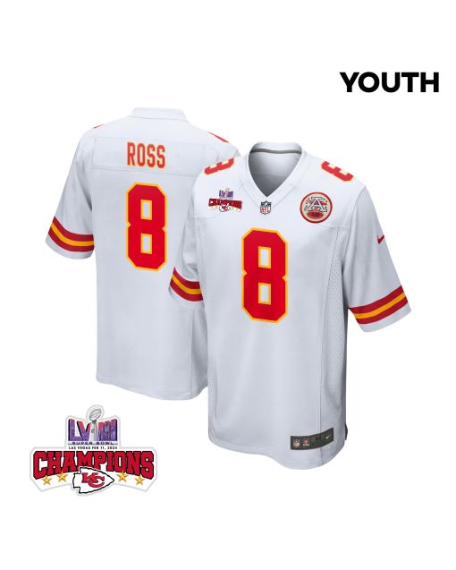 Justyn Ross 8 Kansas City Chiefs Super Bowl LVIII Champions 4 Stars Patch Game YOUTH Jersey – White
