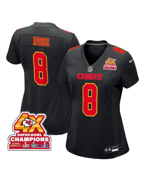 Justyn Ross 8 Kansas City Chiefs Super Bowl LVIII Champions 4X Fashion Game Women Jersey – Carbon Black