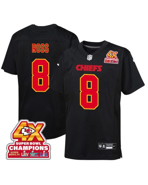 Justyn Ross 8 Kansas City Chiefs Super Bowl LVIII Champions 4X Fashion Game YOUTH Jersey – Carbon Black