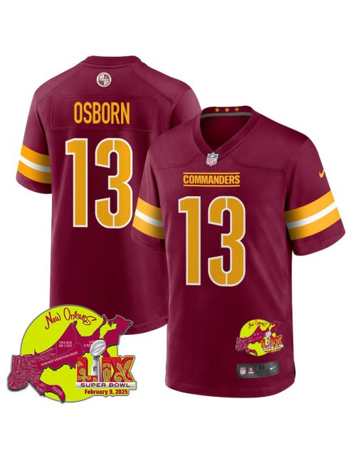 K.J. Osborn 13 Washington Commanders Super Bowl LIX New Orleans Patch Game Men Jersey – Burgundy