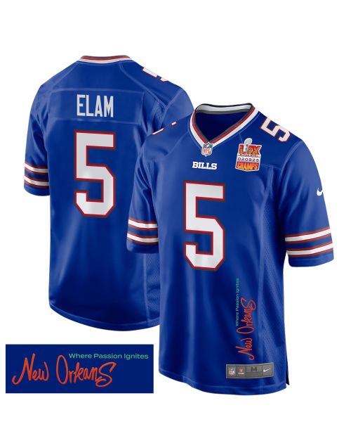 Kaiir Elam 5 Buffalo Bills Super Bowl LIX Champions Patch ‘New Orleans – Where Passion Ignites’ EMBROIDERED Game Men Jersey – Royal