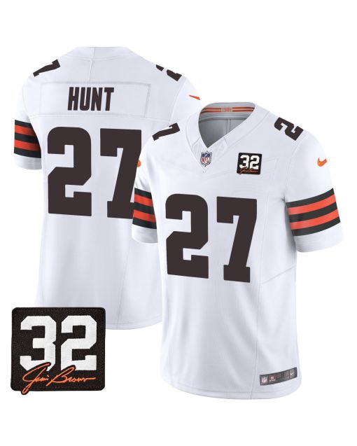 Kareem Hunt 27 Cleveland Browns Jim Brown Memorial Patch Game Men Jersey – White