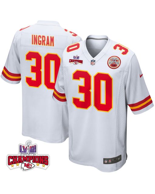 Keaontay Ingram 30 Kansas City Chiefs Super Bowl LVIII Champions 4 Stars Patch Game Men Jersey – White