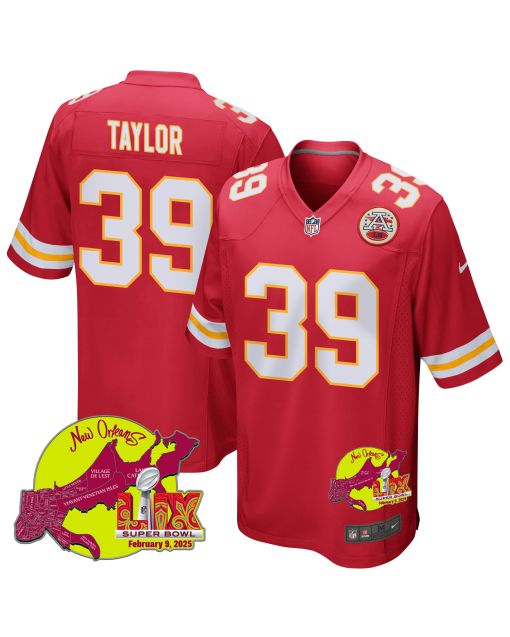 Keith Taylor 39 Kansas City Chiefs Super Bowl LIX New Orleans Patch Game Men Jersey – Red
