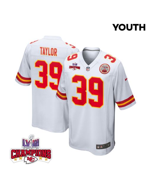 Keith Taylor 39 Kansas City Chiefs Super Bowl LVIII Champions 4 Stars Patch Game YOUTH Jersey – White