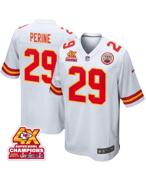 La’Mical Perine 29 Kansas City Chiefs Super Bowl LVIII Champions 4X Game Men Jersey – White