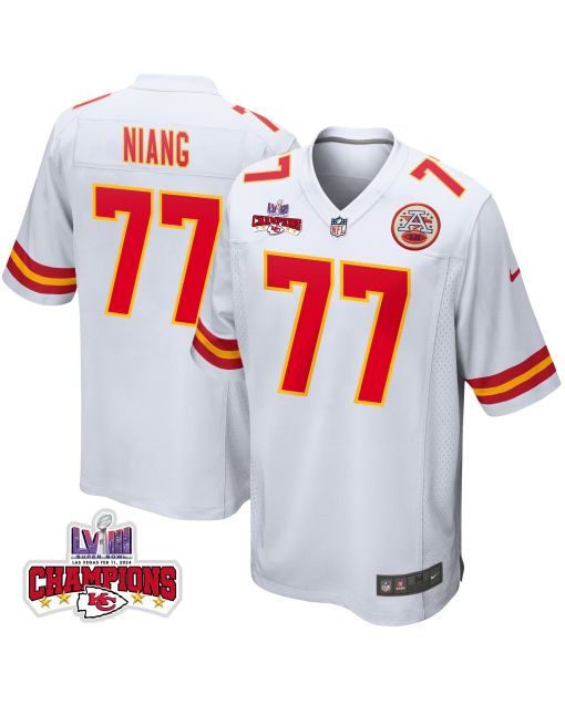 Lucas Niang 77 Kansas City Chiefs Super Bowl LVIII Champions 4 Stars Patch Game Men Jersey – White