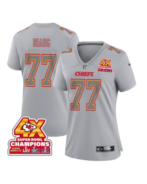Lucas Niang 77 Kansas City Chiefs Super Bowl LVIII Champions 4X Atmosphere Fashion Game Women Jersey – Gray