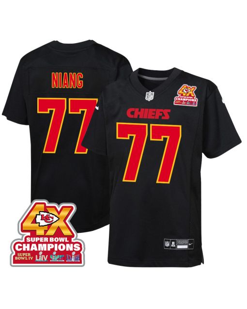 Lucas Niang 77 Kansas City Chiefs Super Bowl LVIII Champions 4X Fashion Game YOUTH Jersey – Carbon Black