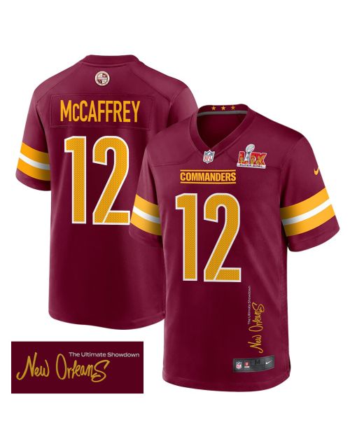 Luke McCaffrey 12 Washington Commanders Super Bowl LIX ‘New Orleans – The Ultimate Showdown’ EMBROIDERED Game Men Jersey – Burgundy