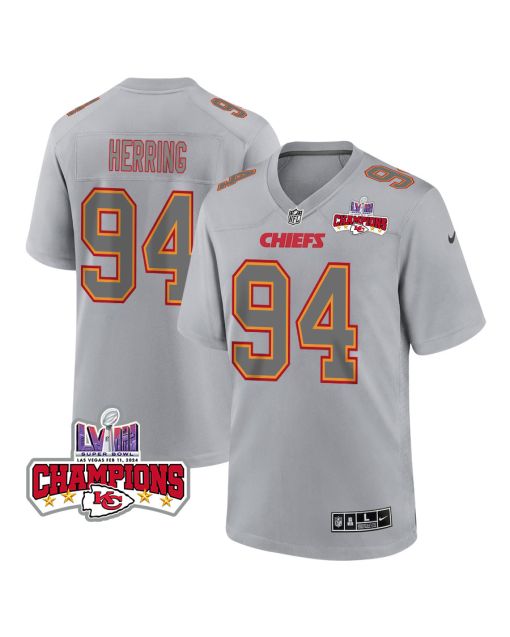 Malik Herring 94 Kansas City Chiefs Super Bowl LVIII Champions 4 Stars Patch Atmosphere Fashion Game Men Jersey – Gray