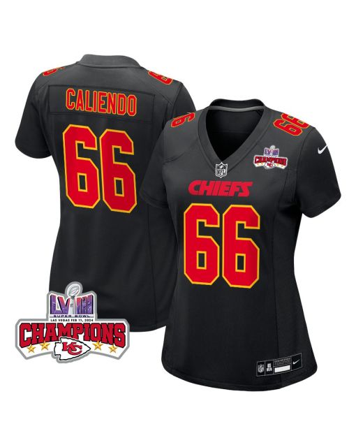 Mike Caliendo 66 Kansas City Chiefs Super Bowl LVIII Champions 4 Stars Patch Fashion Game Women Jersey – Carbon Black