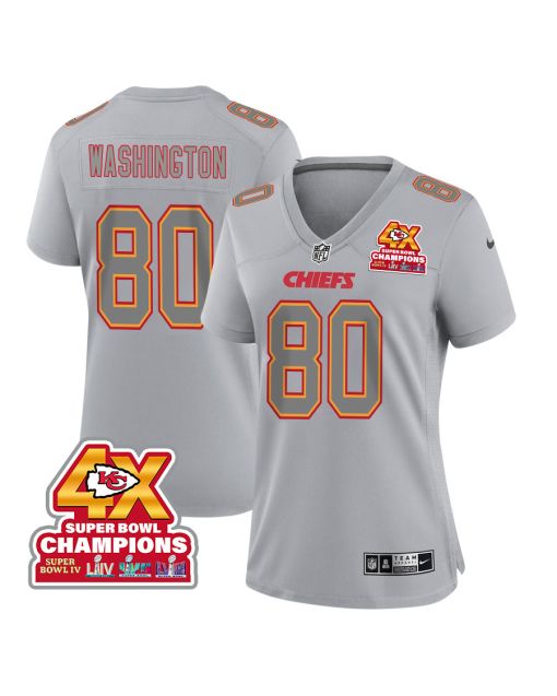 Montrell Washington 80 Kansas City Chiefs Super Bowl LVIII Champions 4X Atmosphere Fashion Game Women Jersey – Gray
