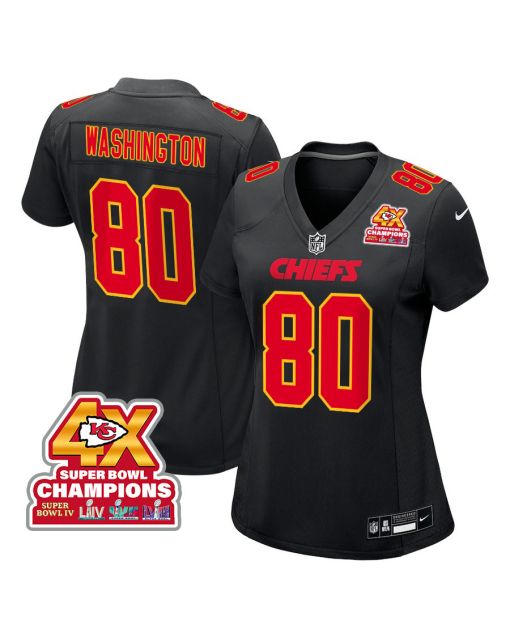 Montrell Washington 80 Kansas City Chiefs Super Bowl LVIII Champions 4X Fashion Game Women Jersey – Carbon Black