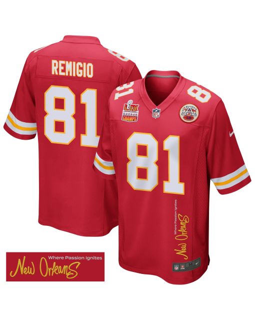 Nikko Remigio 81 Kansas City Chiefs Super Bowl LIX Champions Patch ‘New Orleans – Where Passion Ignites’ EMBROIDERED Game Men Jersey – Red